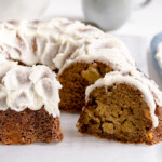 Brown butter apple bundt cake with a slice taken out