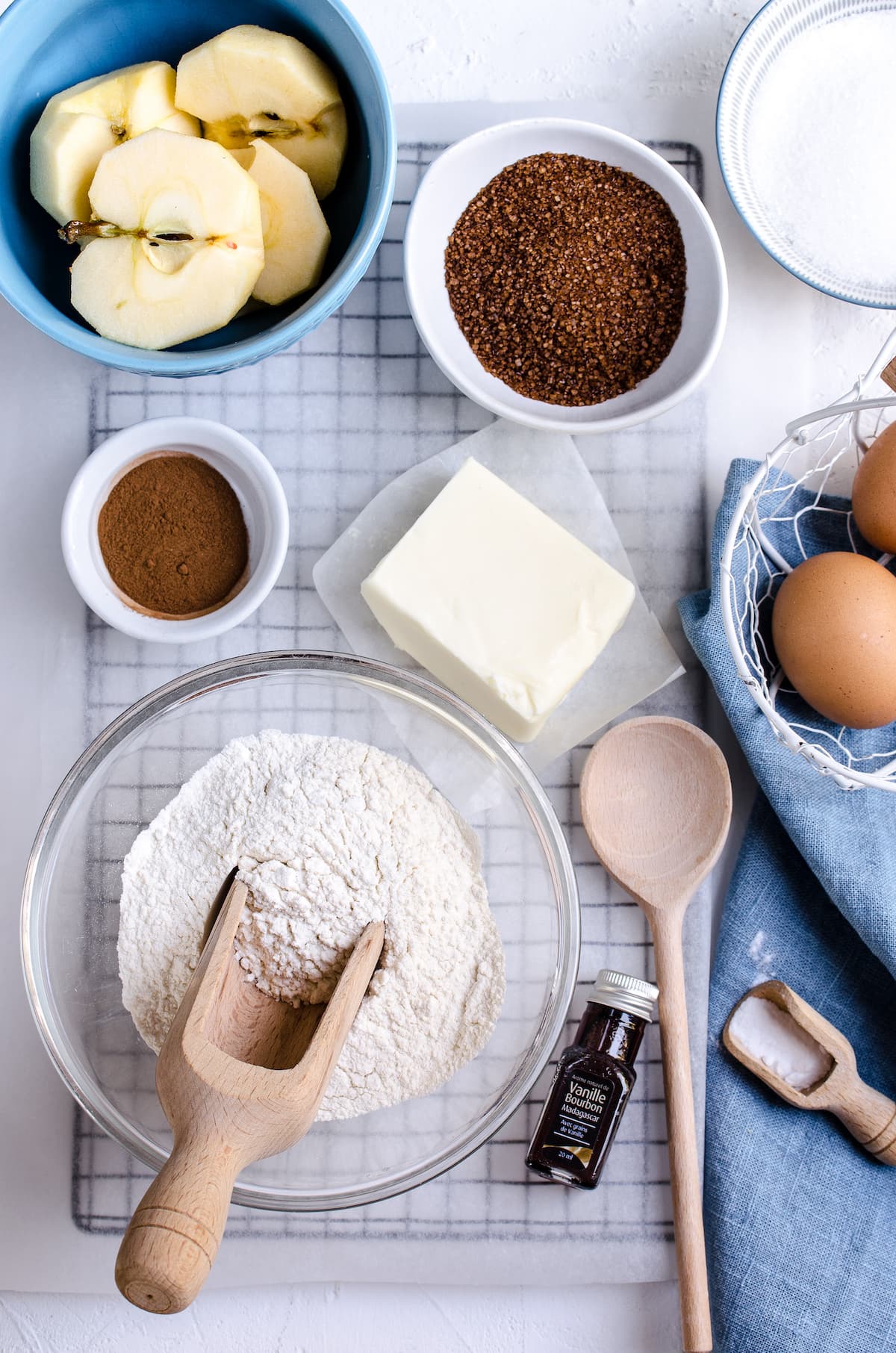 Ingredients for apple brown butter cake in bowls