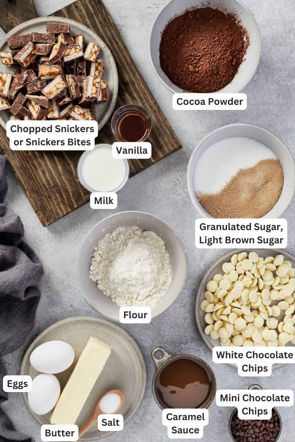 Ingredients for Holy Heck Snickers Brownies.