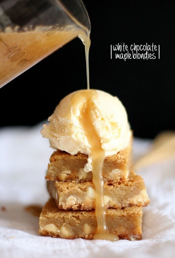 White Chocolate Maple Blondies with Maple Butter Sauce poured on top