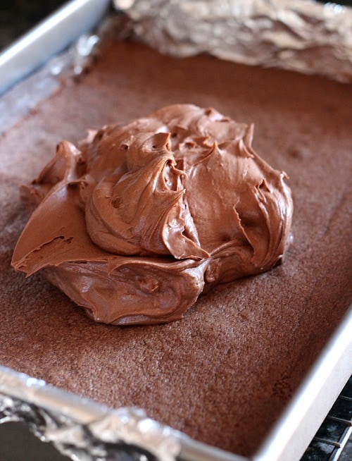 These soft chocolate brownies are kid-approved, frosted with a thin layer of fudgy icing that you pour on top while the brownies are warm. Chocolate frosting dolloped on top of chocolate brownies.