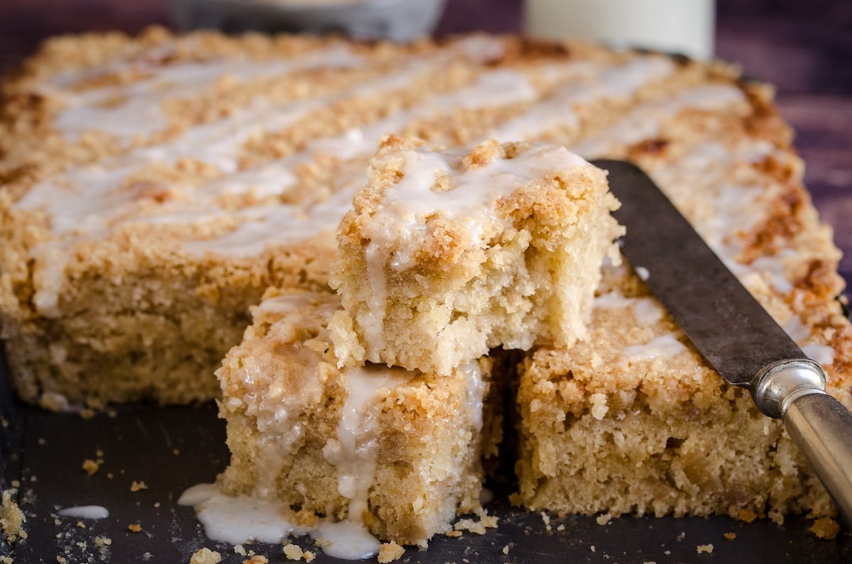 Slices of stacked banana crumb cake