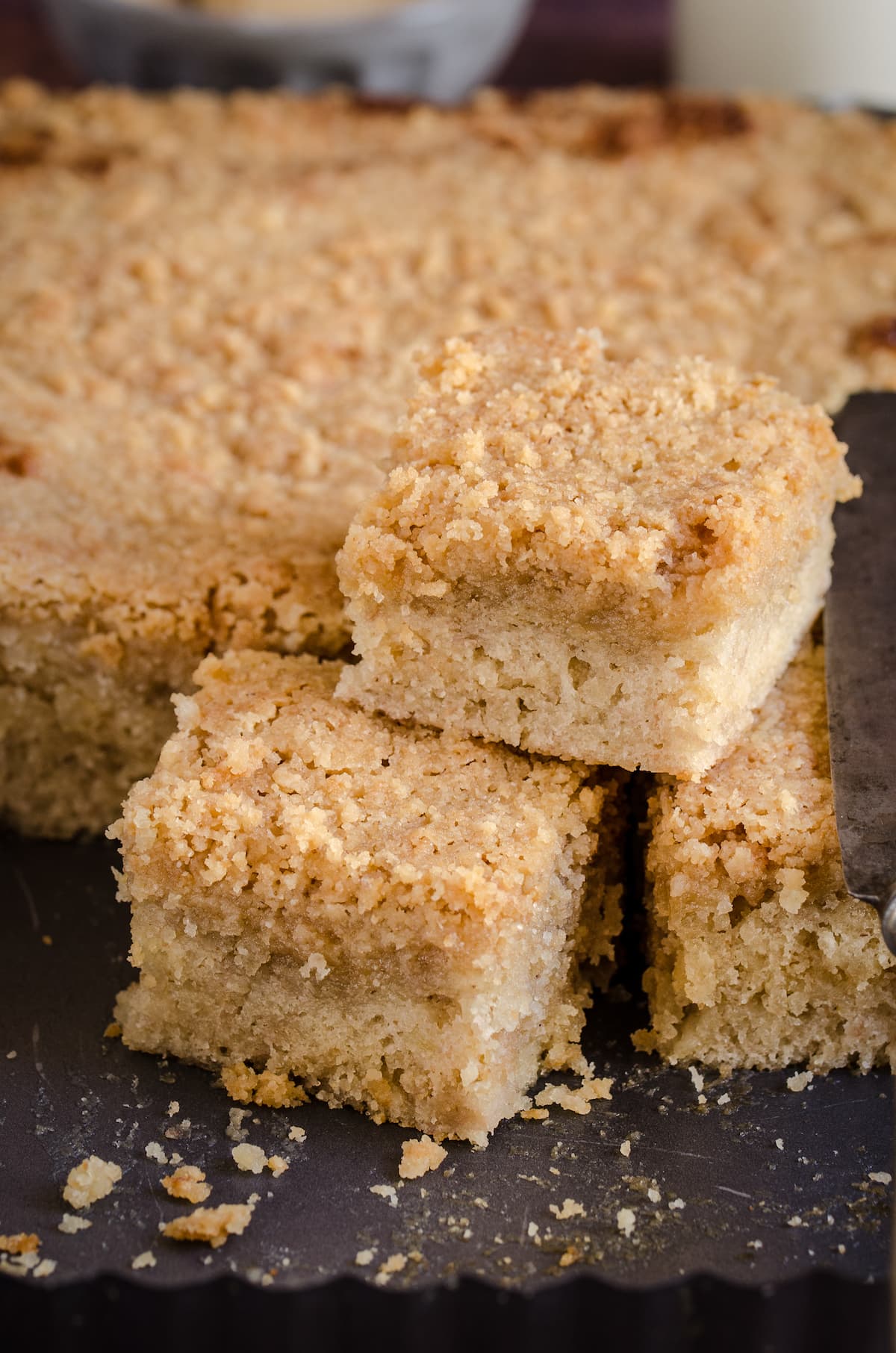 Banana bread crumb cake slices stacked