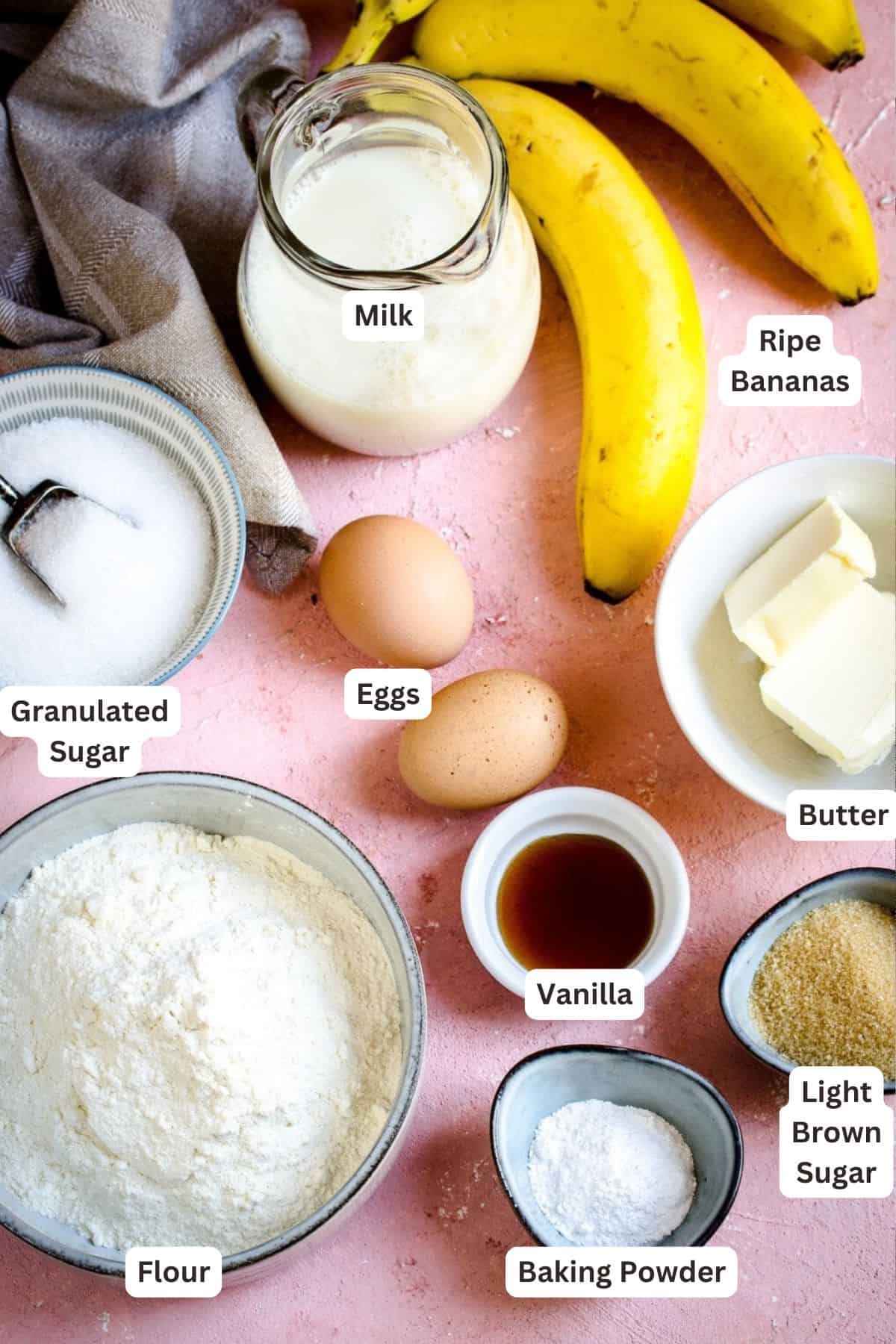 Ingredients for Moist Banana Bread Crumb Cake.