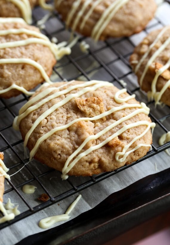 cinnamon toast crunch cookie on a cooking rack