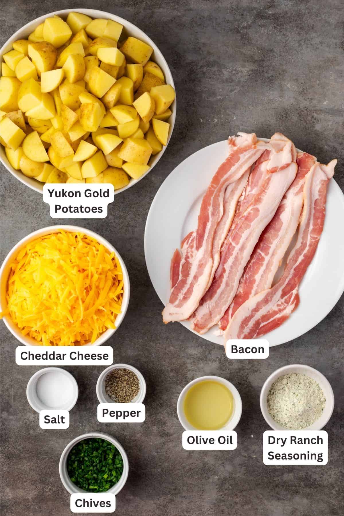 Ingredients for Cheesy Ranch Potatoes with each ingredient overlay text label.