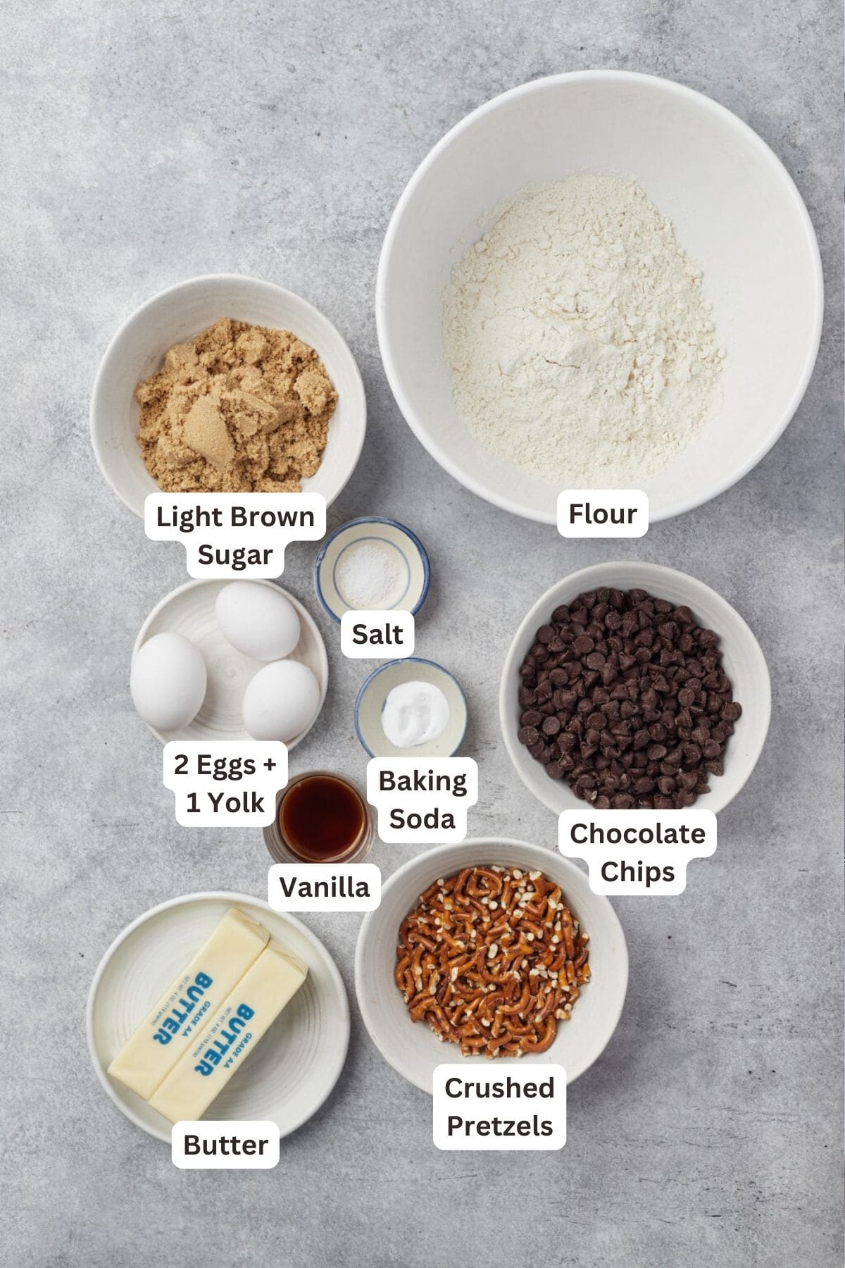 Ingredients for Salty Pretzel Chocolate Chip Cookies.