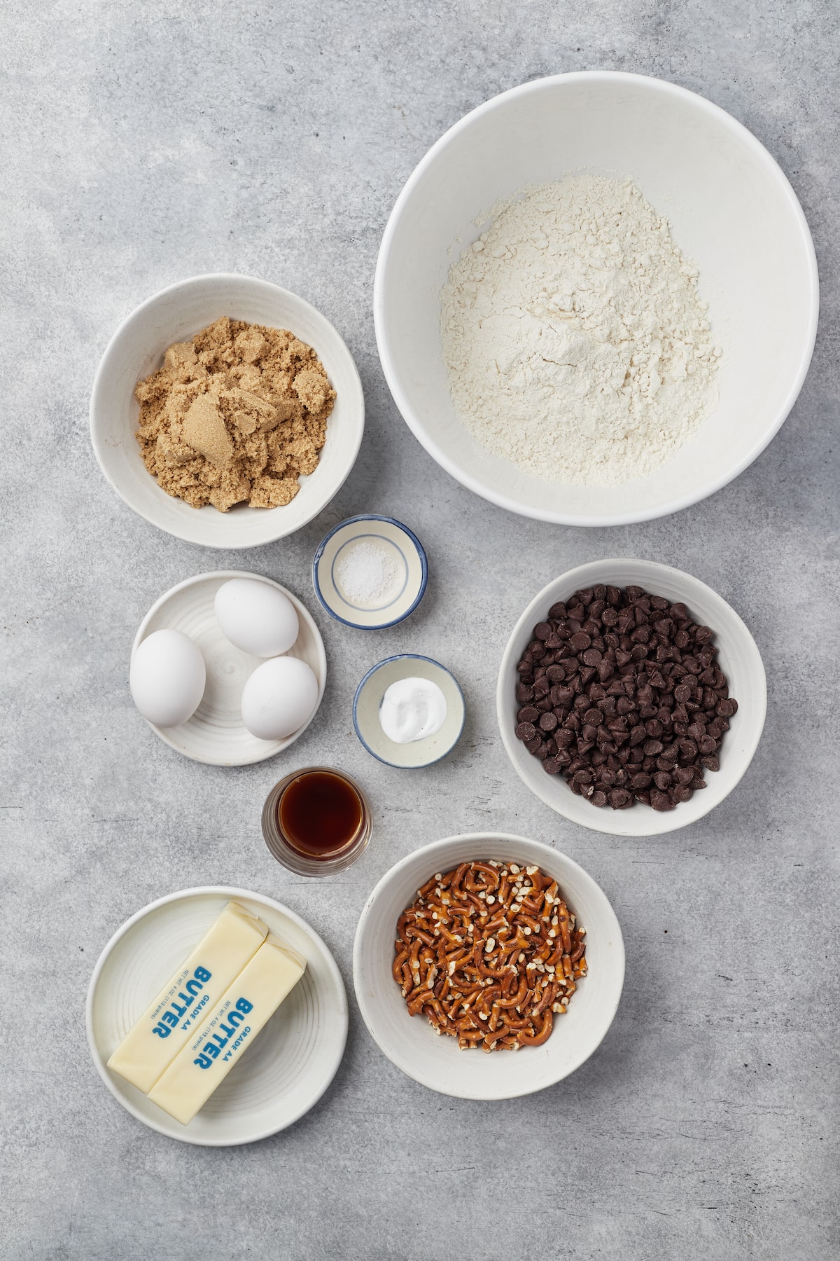 The ingredients for salty pretzel chocolate chip cookies.