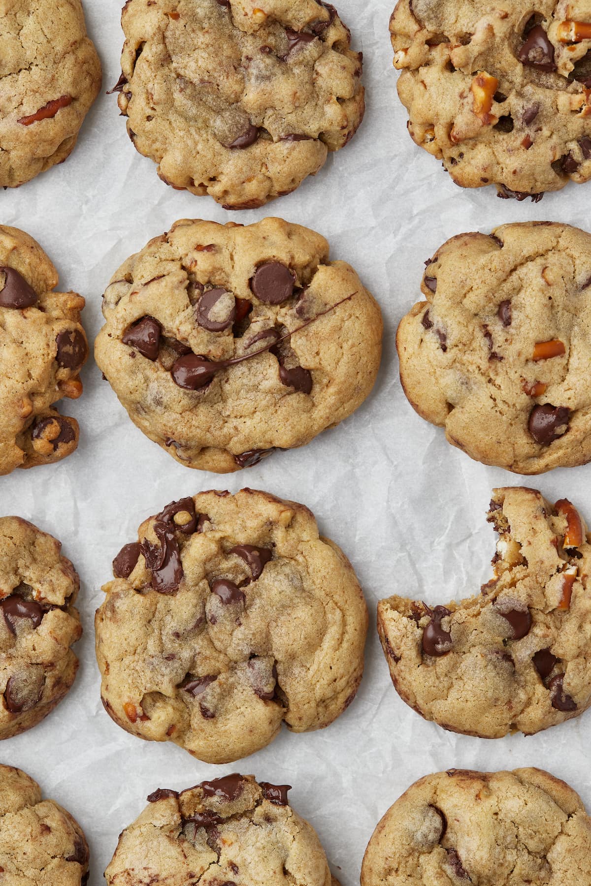 Top view of rows of salty pretzel chocolate chip cookies.