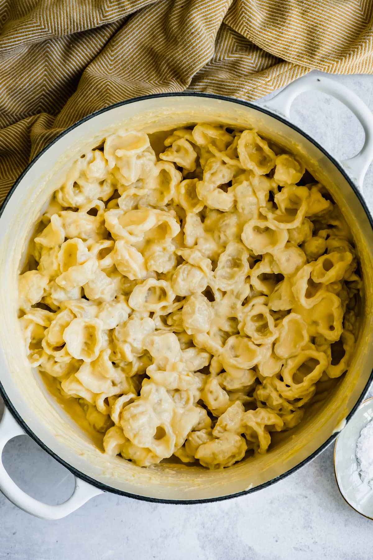 Creamy mac and cheese in a pot.