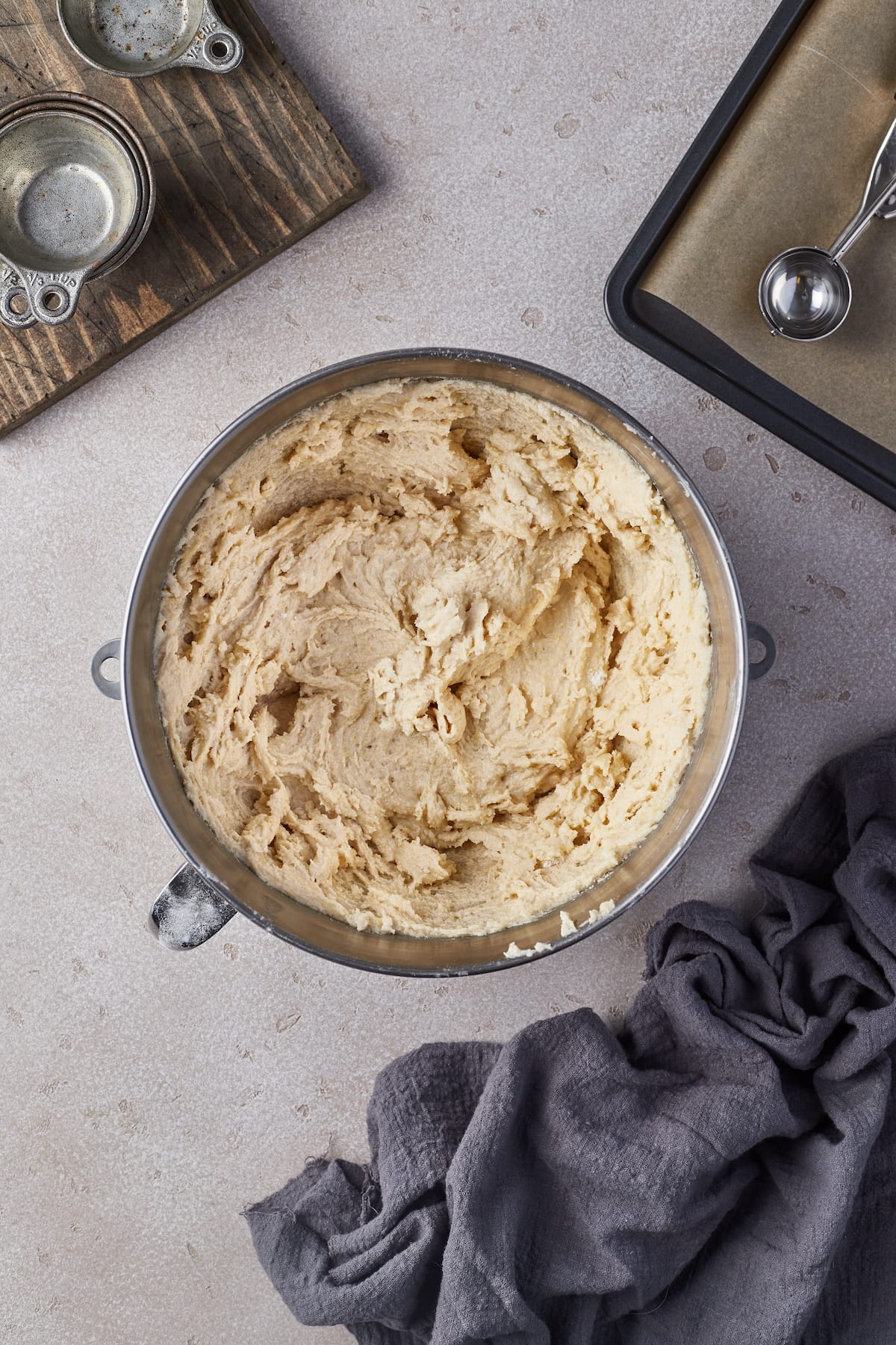 Sugar cookie dough in a mixing bowl.