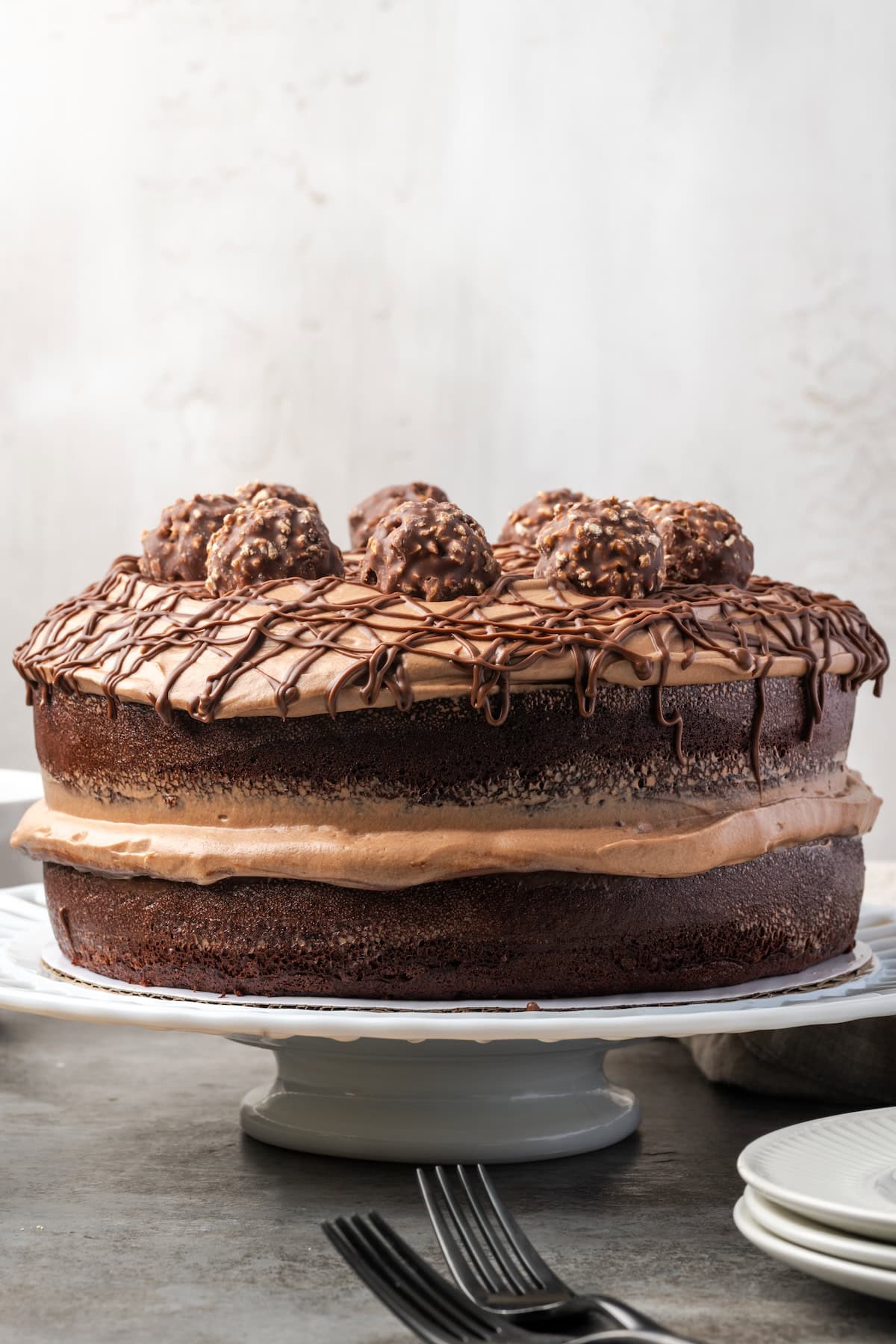 Side view of chocolate hazelnut cake filled and decorated with mousse, topped with chocolate hazelnut candy on a cake stand.