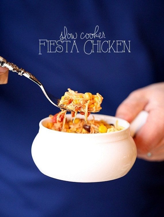 Slow Cooker Fiesta Chicken. Easy, low fat and can be used for so many dinners! | www.cookiesandcups.com