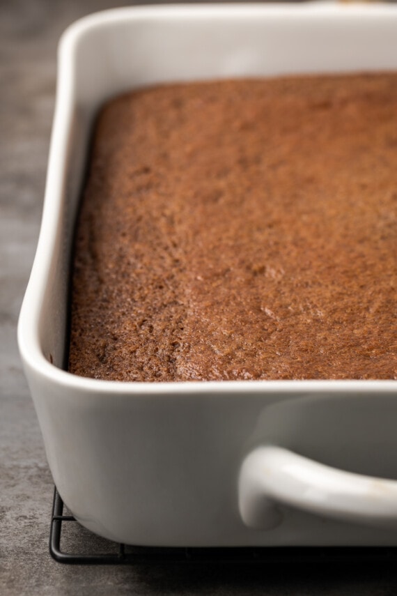 Baked chocolate sheet cake in a 9 by 13-inch baking dish.