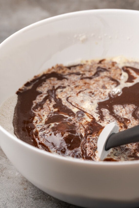 The cocoa mixture is combined with the other ingredients for chocolate cake batter.