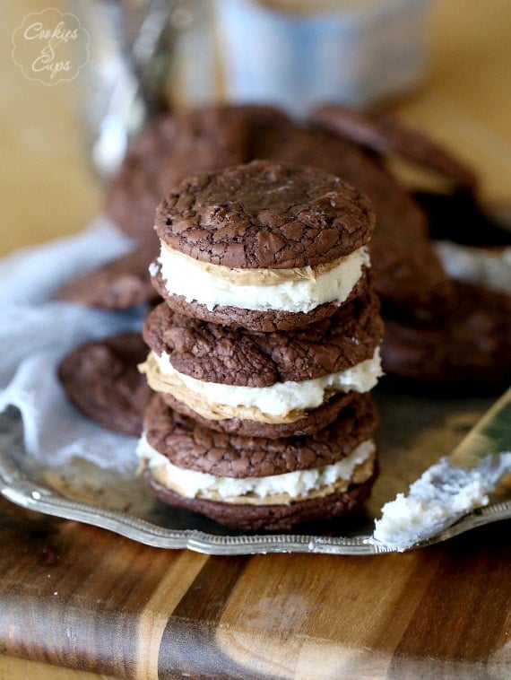 Brownie Cookie Sandwiches ~ The perfect chewy brownie cookie that I filled with frosting and peanut butter!