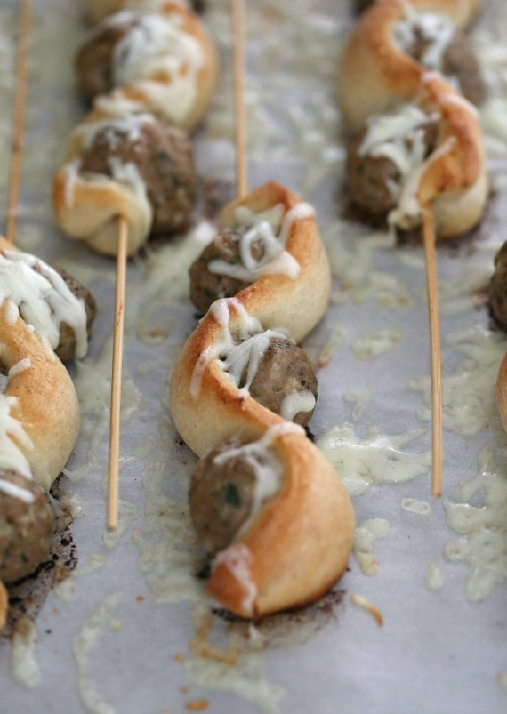 Meatball Subs on a Stick ~ A super fun spin on the classic! This recipe uses turkey meatballs so they are lowfat as well as delicious!