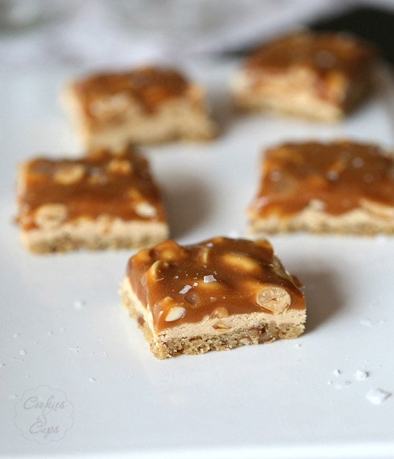 Salty Caramel Peanut Bars ~ These easy bars have a brown sugar pretzel crust layered with peanut butter nougat and topped with salty peanuts and caramel!