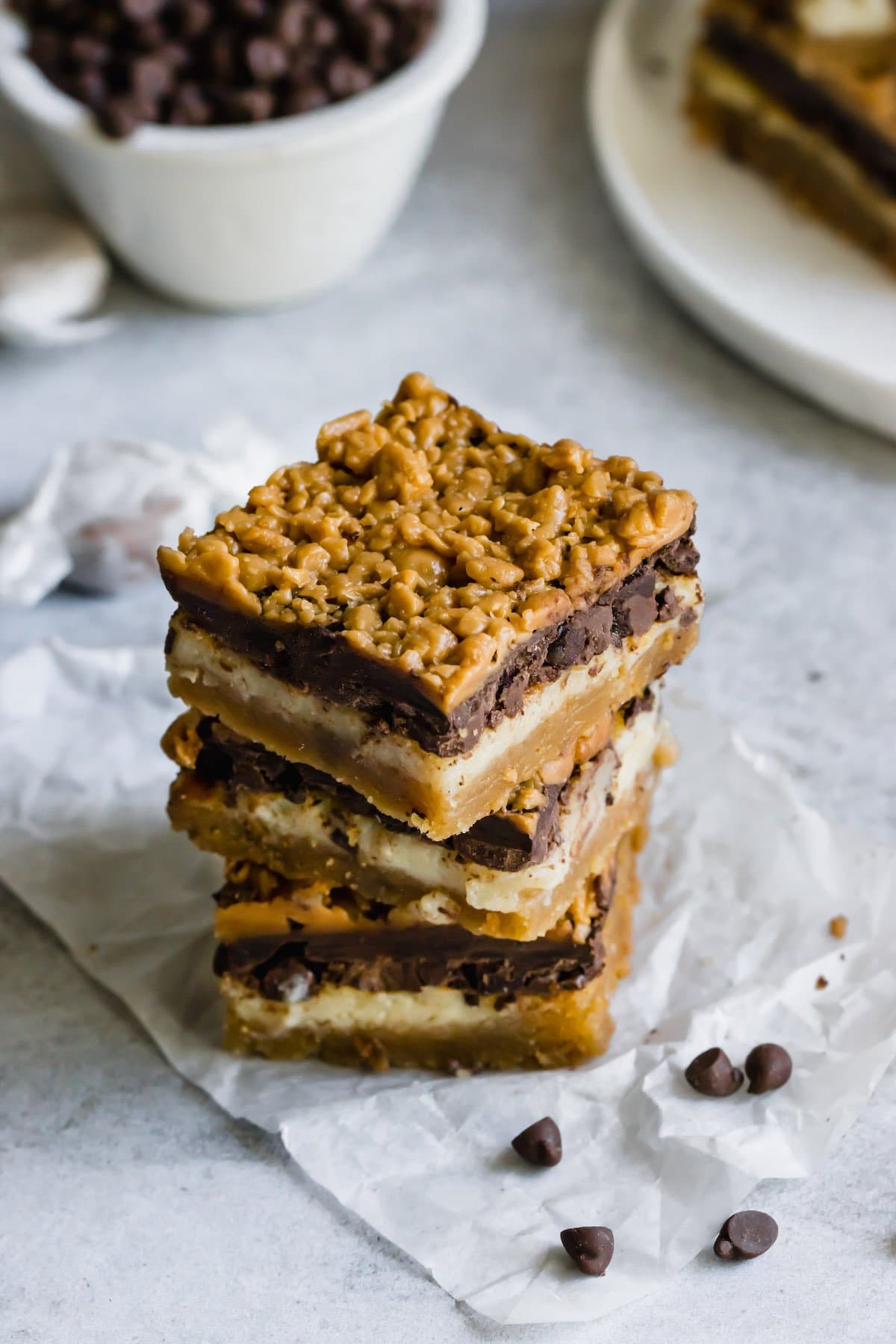 3 stacked shortbread toffee cookie bars.