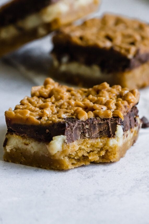 Shortbread cookie bar with a bite out of it.