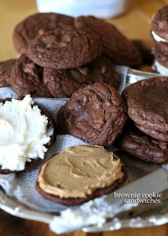 Brownie Cookie Sandwiches ~ The perfect chewy brownie cookie that I filled with frosting and peanut butter!