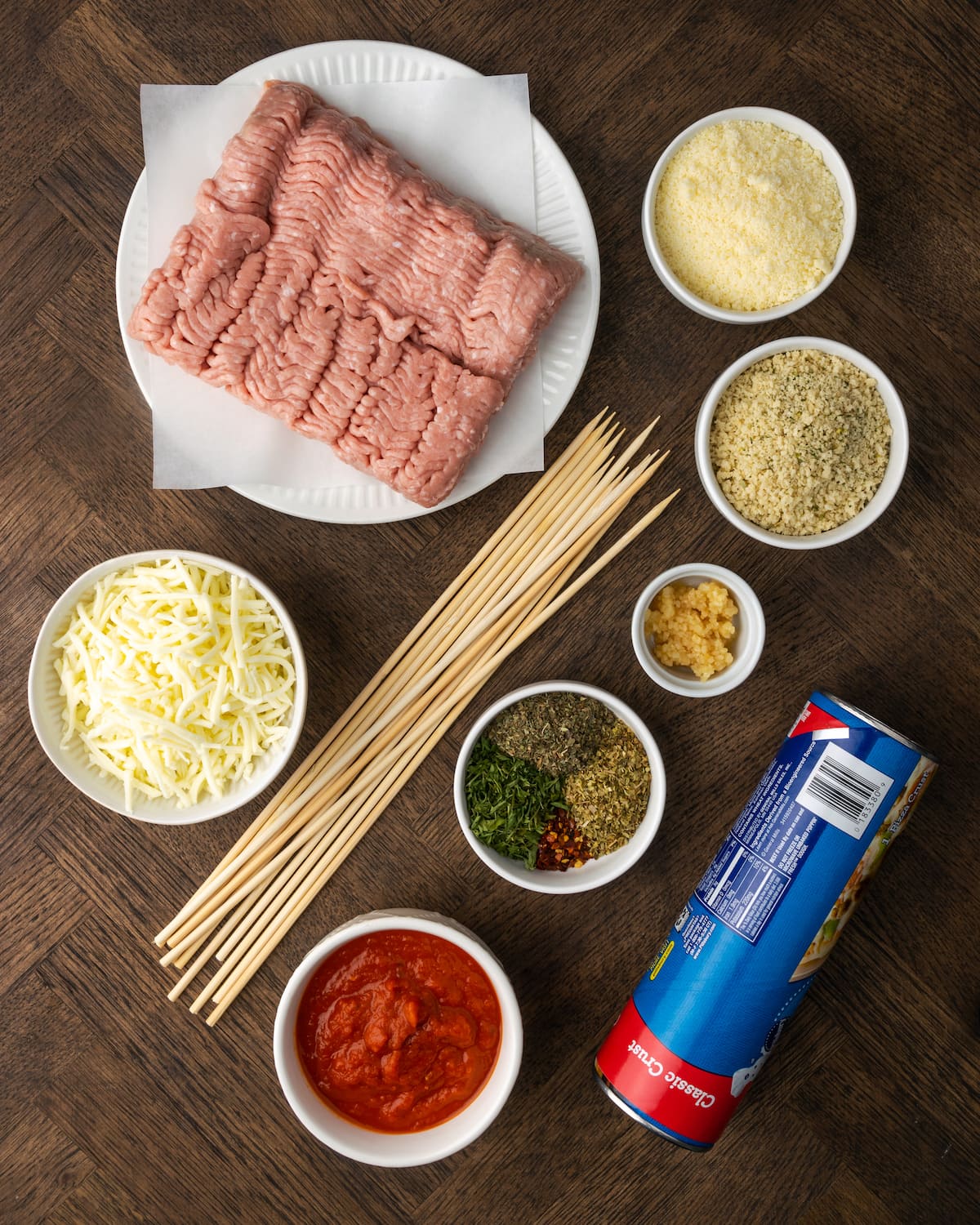 The ingredients for meatball subs on a stick.