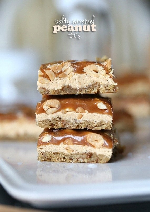 Salty Caramel Peanut Bars ~ These easy bars have a brown sugar pretzel crust layered with peanut butter nougat and topped with salty peanuts and caramel!