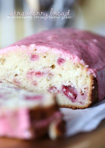 strawberry bread with strawberry cream cheese glaze