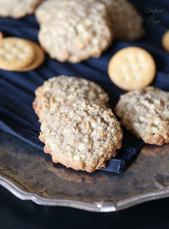 Salty Ritz Cracker Oatmeal Cookies A Chewy oatmeal cookie with crushed Ritz crackers and coarse sea salt, loaded with white chocolate chips. Such a FUN twist on a classic cookie!