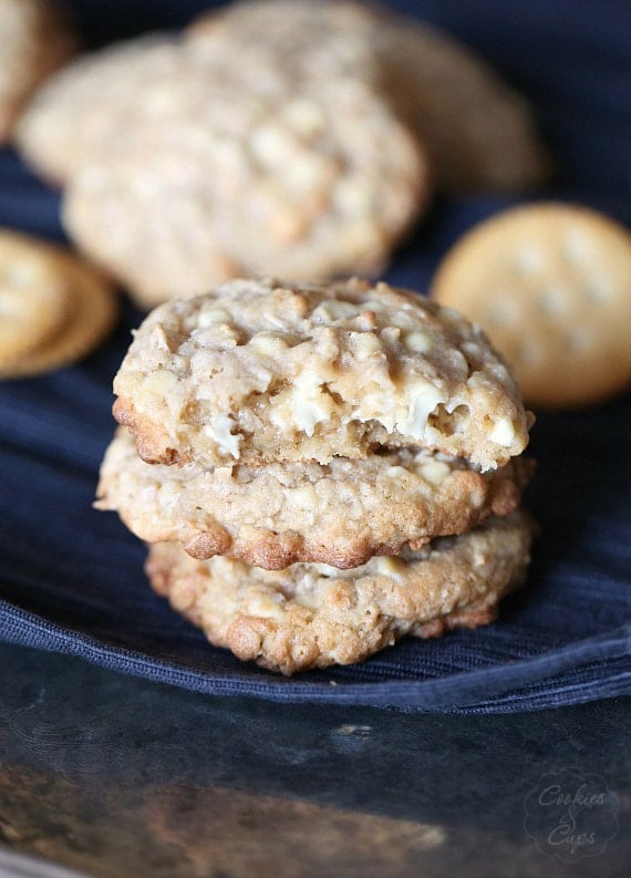 Salty Ritz Cracker Oatmeal Cookies A Chewy oatmeal cookie with crushed Ritz crackers and coarse sea salt, loaded with white chocolate chips. Such a FUN twist on a classic cookie!