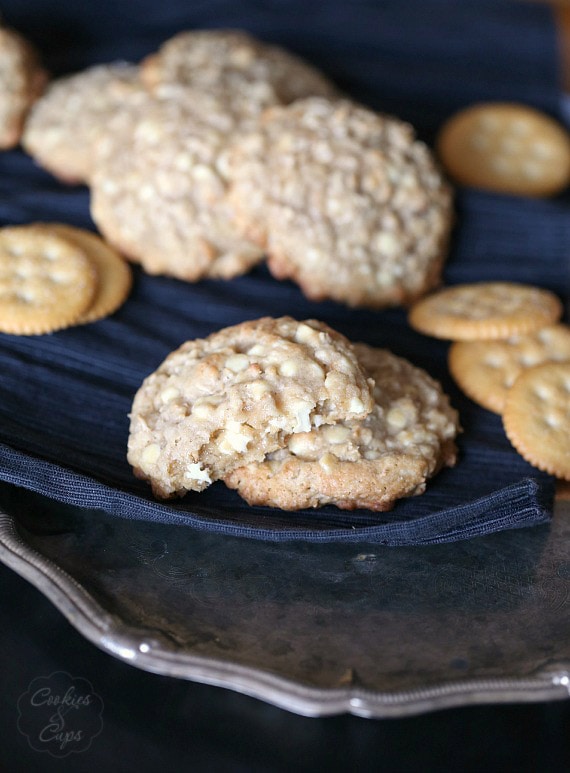 Salty Ritz Cracker Oatmeal Cookies A Chewy oatmeal cookie with crushed Ritz crackers and coarse sea salt, loaded with white chocolate chips. Such a FUN twist on a classic cookie!