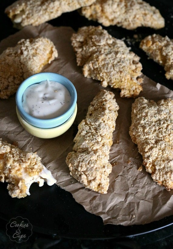 Cool Ranch Doritos Chicken Fingers ~ An easy weeknight meal. Chicken tenders coated in Cool Ranch Dorito chips and baked! Crispy on the outside!