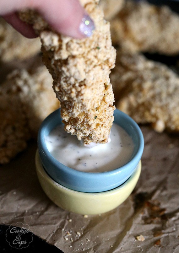 Cool Ranch Doritos Chicken Fingers ~ An easy weeknight meal. Chicken tenders coated in Cool Ranch Dorito chips and baked! Crispy on the outside!