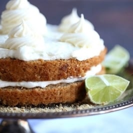 Image of a double layer key lime pie cake with key lime buttercream frosting