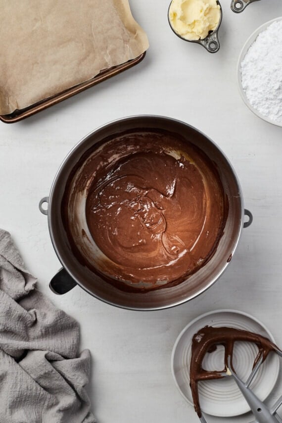 Chocolate brownie batter in a mixing bowl.