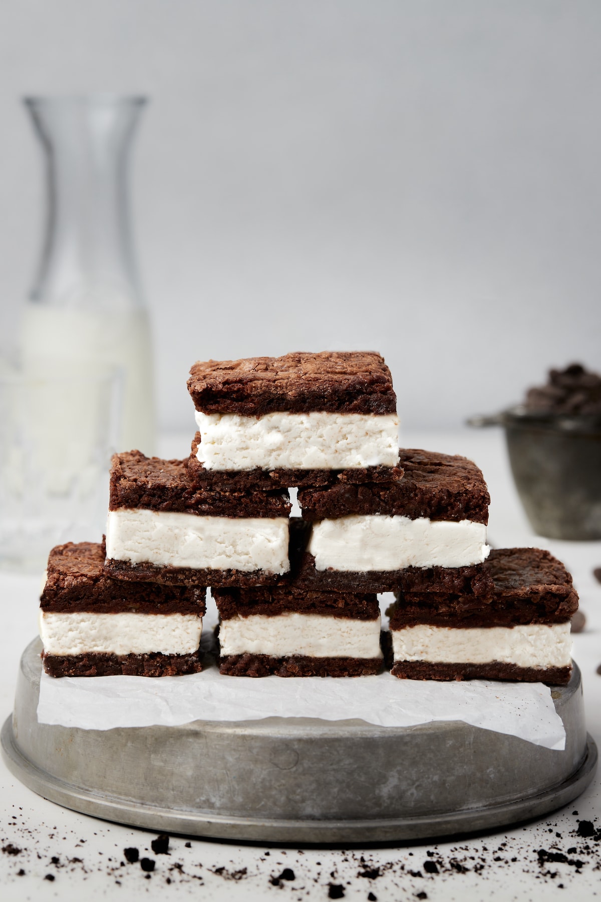 Oreo cream filled brownies stacked in a triangle.