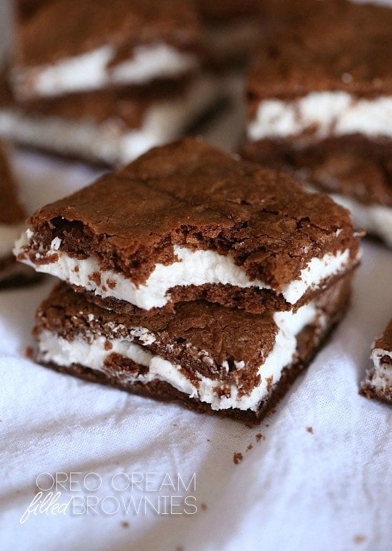 Oreo Cream Filled Brownies ~ SImple brownies filled with a thick layer of homemade Oreo cream!