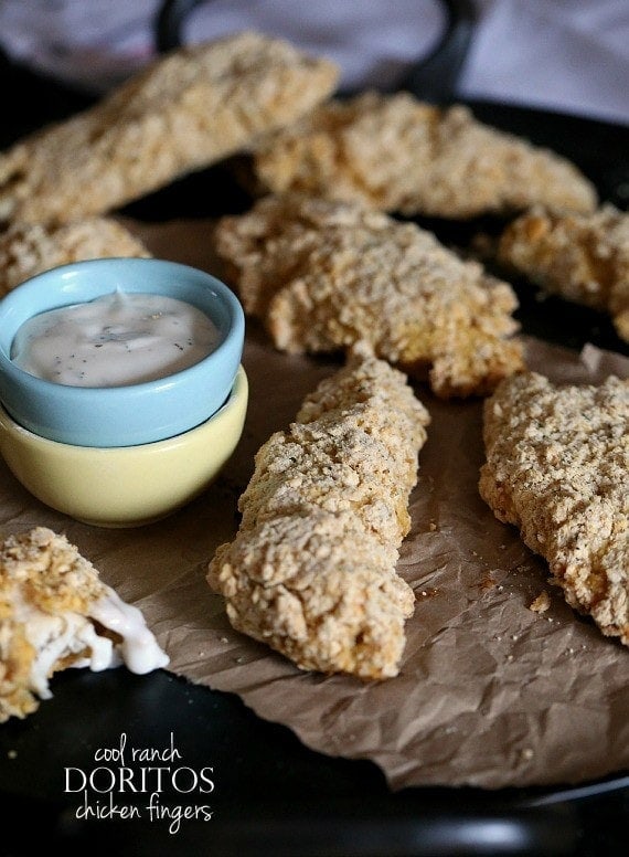 Cool Ranch Doritos Chicken Fingers ~ An easy weeknight meal. Chicken tenders coated in Cool Ranch Dorito chips and baked! Crispy on the outside!