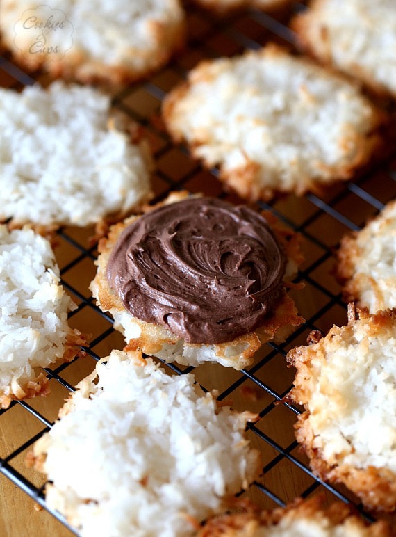 Coconut Macaroon Cookie Sandwiches ~ Two coconut macaroons sandwiched together with a creamy chocolate filling!