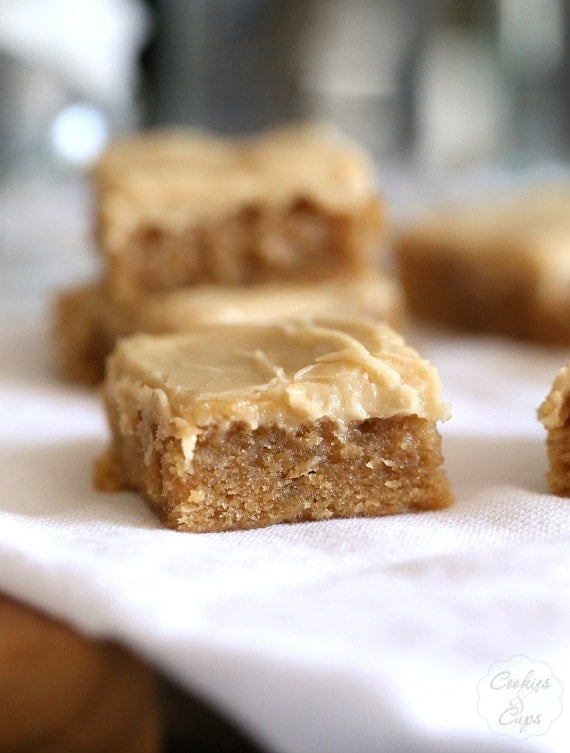 Browned Butter Banana Blondies. These are PERFECT blondies with a subtle banana flavor, topped with a brown sugar frosting that is INSANELY good!