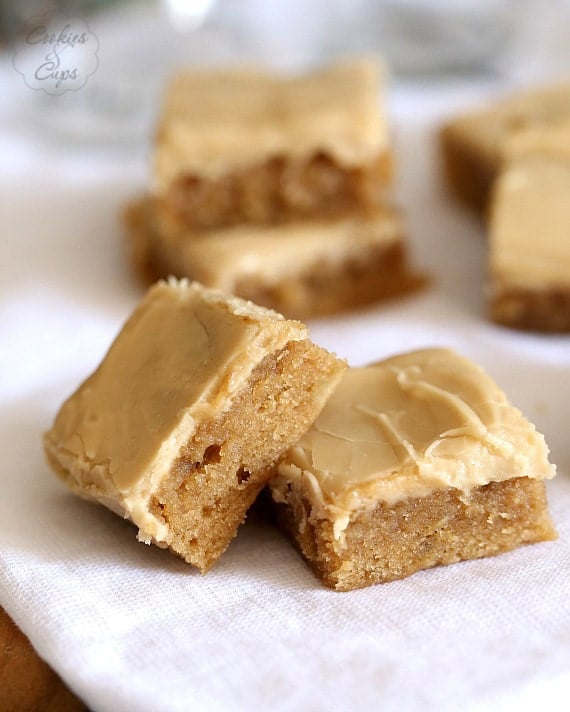 Browned Butter Banana Blondies. These are PERFECT blondies with a subtle banana flavor, topped with a brown sugar frosting that is INSANELY good!