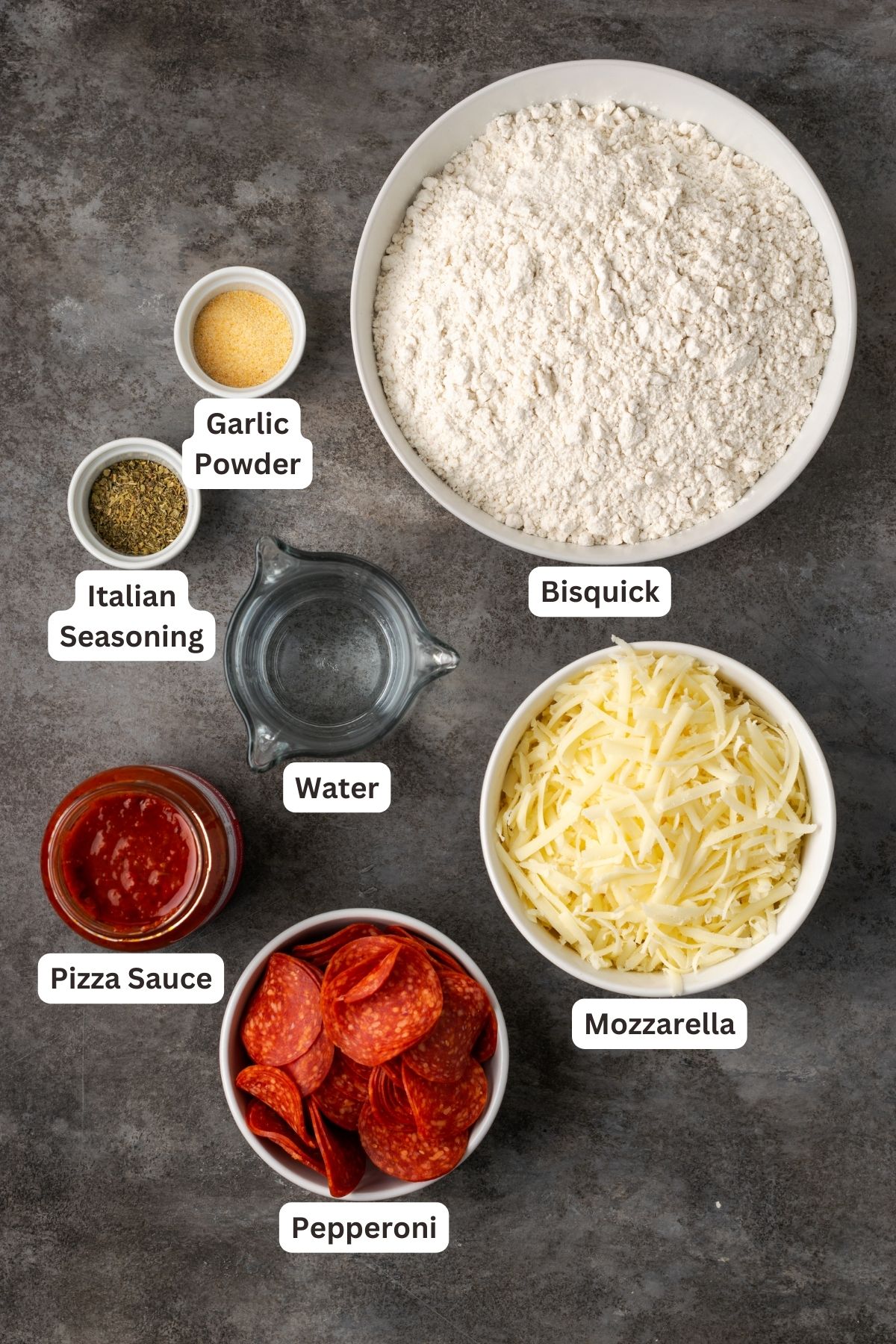 Pizza casserole ingredients with text labels overlaying each ingredient.