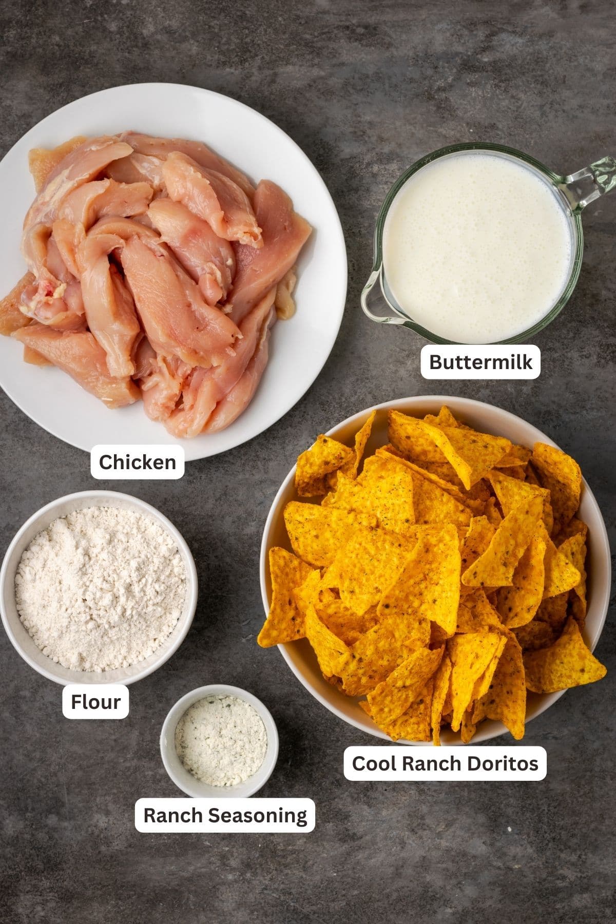 The ingredients for ranch chicken with a text label overlaying each ingredient.