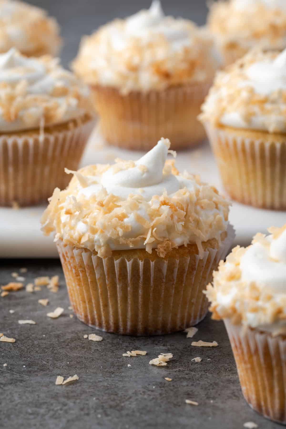 Almond cupcakes with swirls of coconut buttercream topped with toasted coconut.