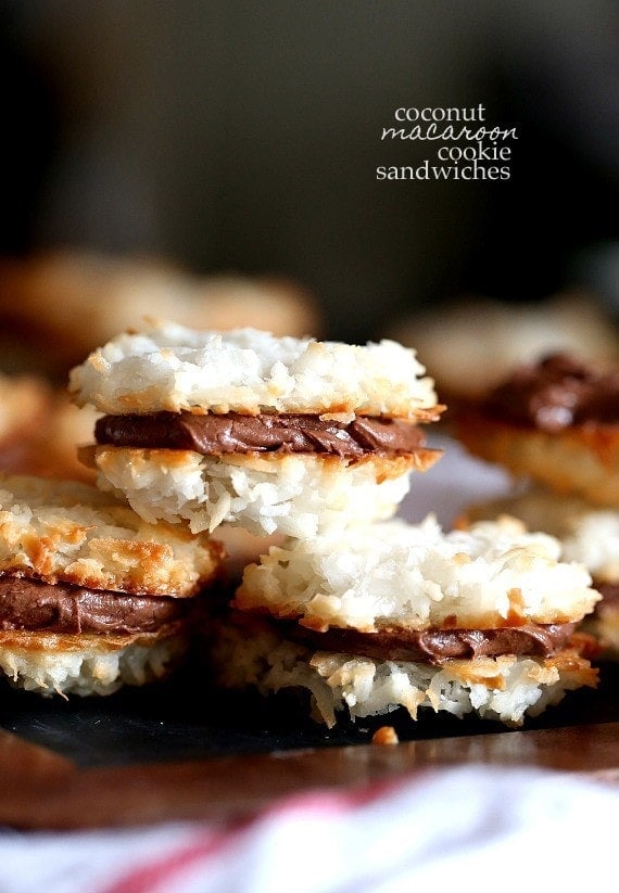 Coconut Macaroon Cookie Sandwiches ~ Two coconut macaroons sandwiched together with a creamy chocolate filling!