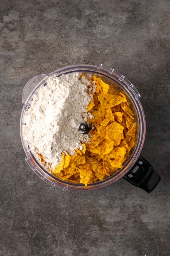 Flour and Cool Ranch Doritos added to a blender.