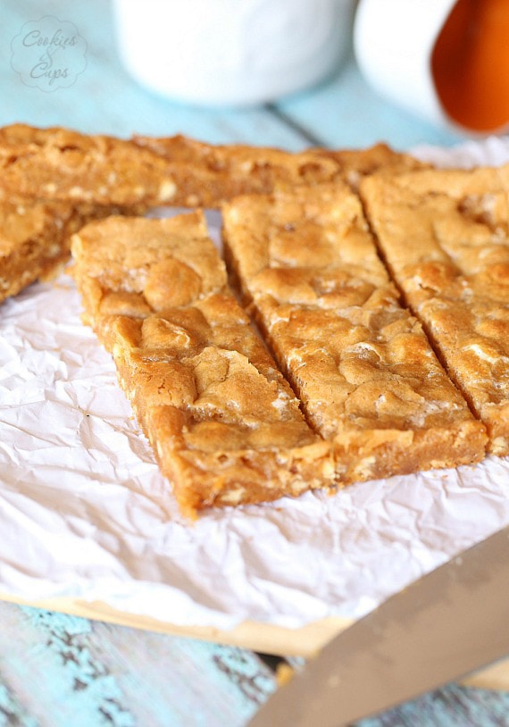 Marshmallow Blondies ~ These are a gooey butterscotch blondie with white chocolate chips and chewy melted marshmallows baked right in.. SO GOOD!