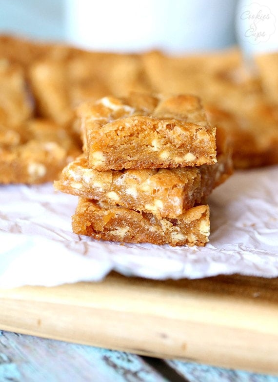 Marshmallow Blondies ~ These are a gooey butterscotch blondie with white chocolate chips and chewy melted marshmallows baked right in.. SO GOOD!