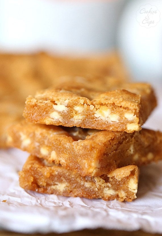 Marshmallow Blondies ~ These are a gooey butterscotch blondie with white chocolate chips and chewy melted marshmallows baked right in.. SO GOOD!