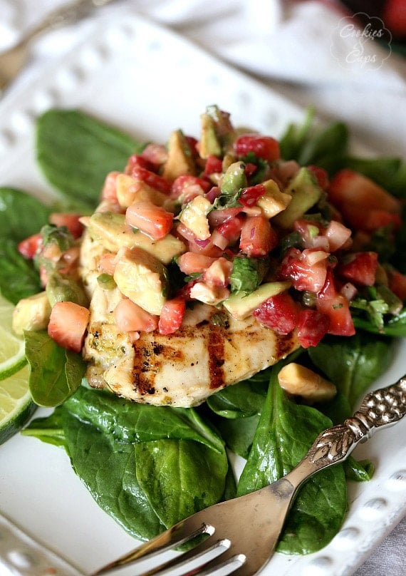 Delicious Strawberry Avocado Salsa on top of Grilled Lime ChickenDelicious Strawberry Avocado Salsa on top of Grilled Lime Chicken